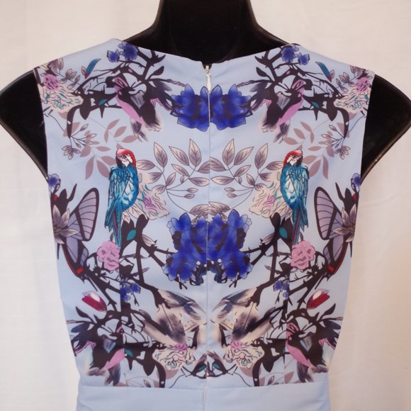BCBG Parrot & Floral Graphic Print Satin Sheath Dress- Sz 2 - Picture 6 of 8